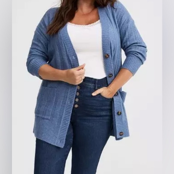 #x868 - Torrid Vegan Cashmere V-Neck Boyfriend Cardigan Sweater Dusty Blue - Picture 3 of 14
